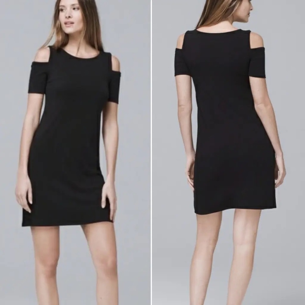 White House Black Market Black Sheath Dress Cold Shoulder EUC